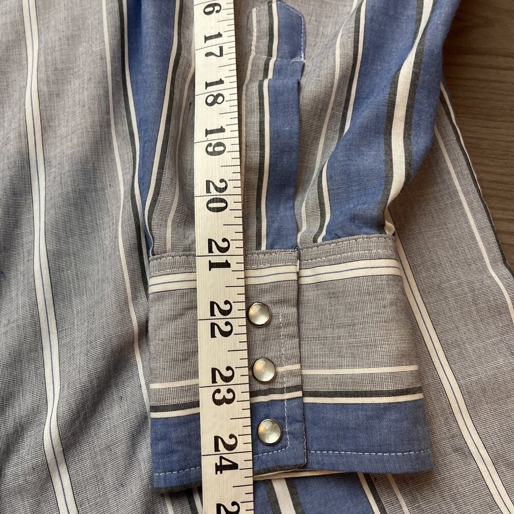 Wrangler Western Shirt Mens L-16.5-Blue Gray Pearl Snap Cowboy 90s-X Long-Vntg - Picture 9 of 11